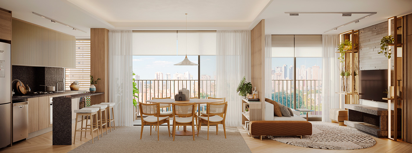 Perspectiva ilustrada da sala integrada do apartamento final 14 - sugestão de decoração