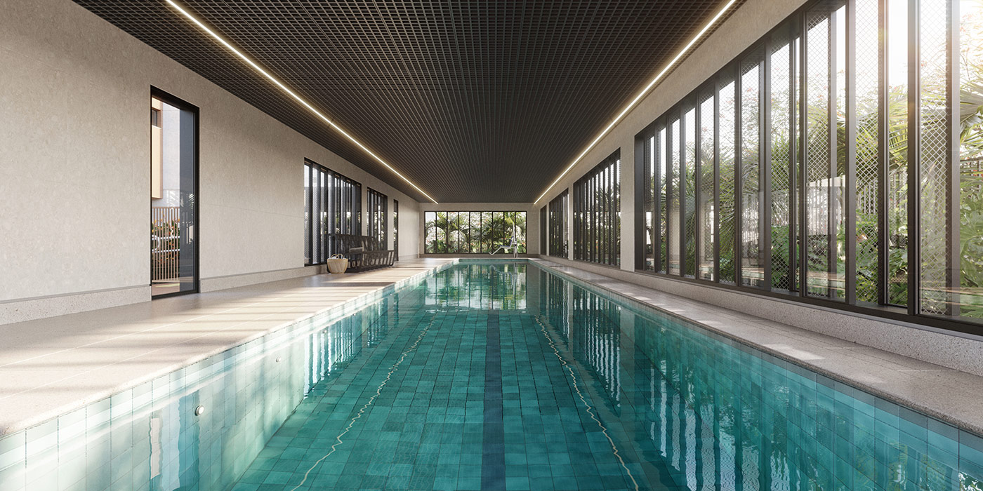 Perspectiva ilustrada da piscina coberta