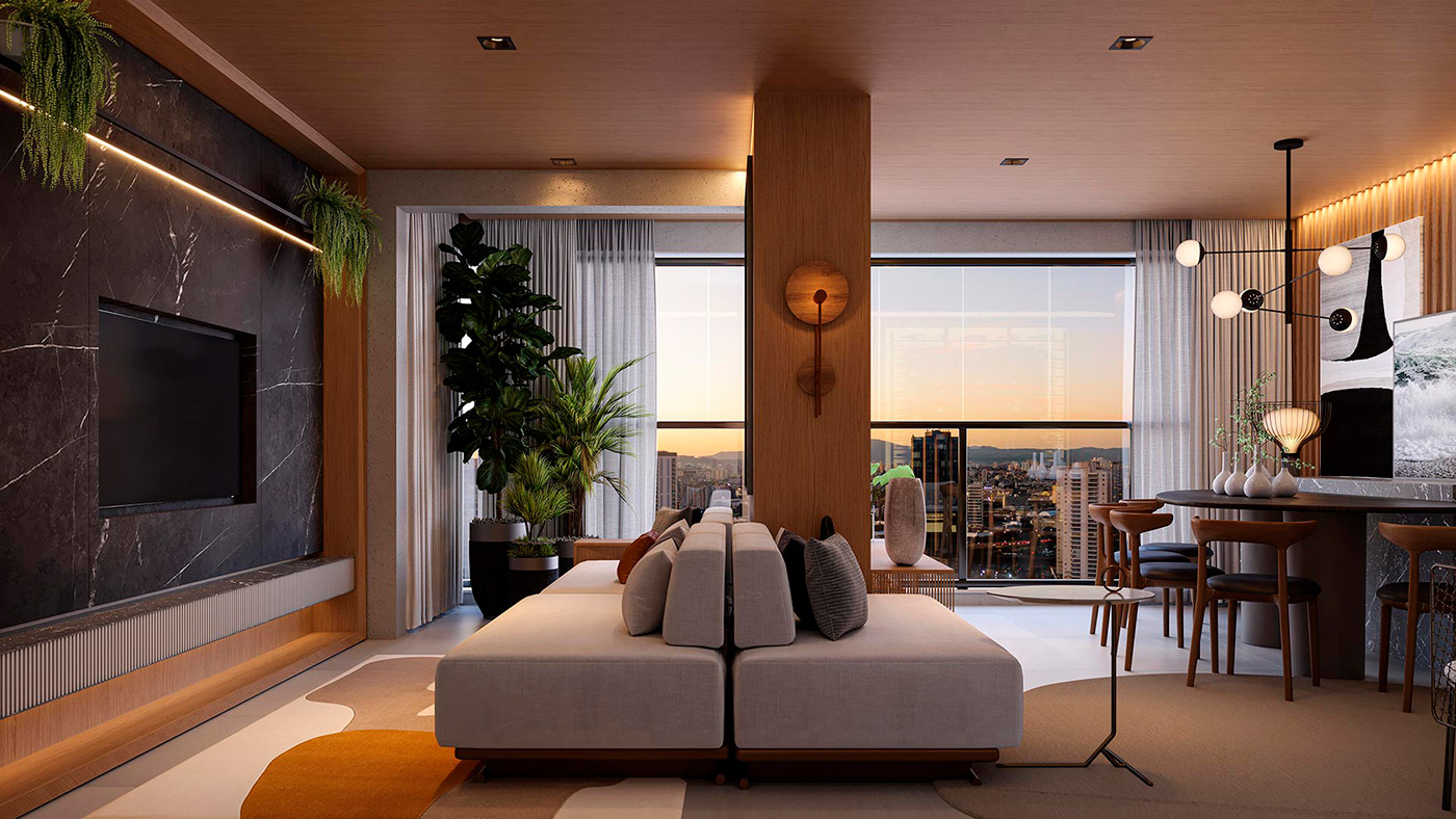 Perspectiva ilustrada do living ampliado do apartamento de 70,40 m²