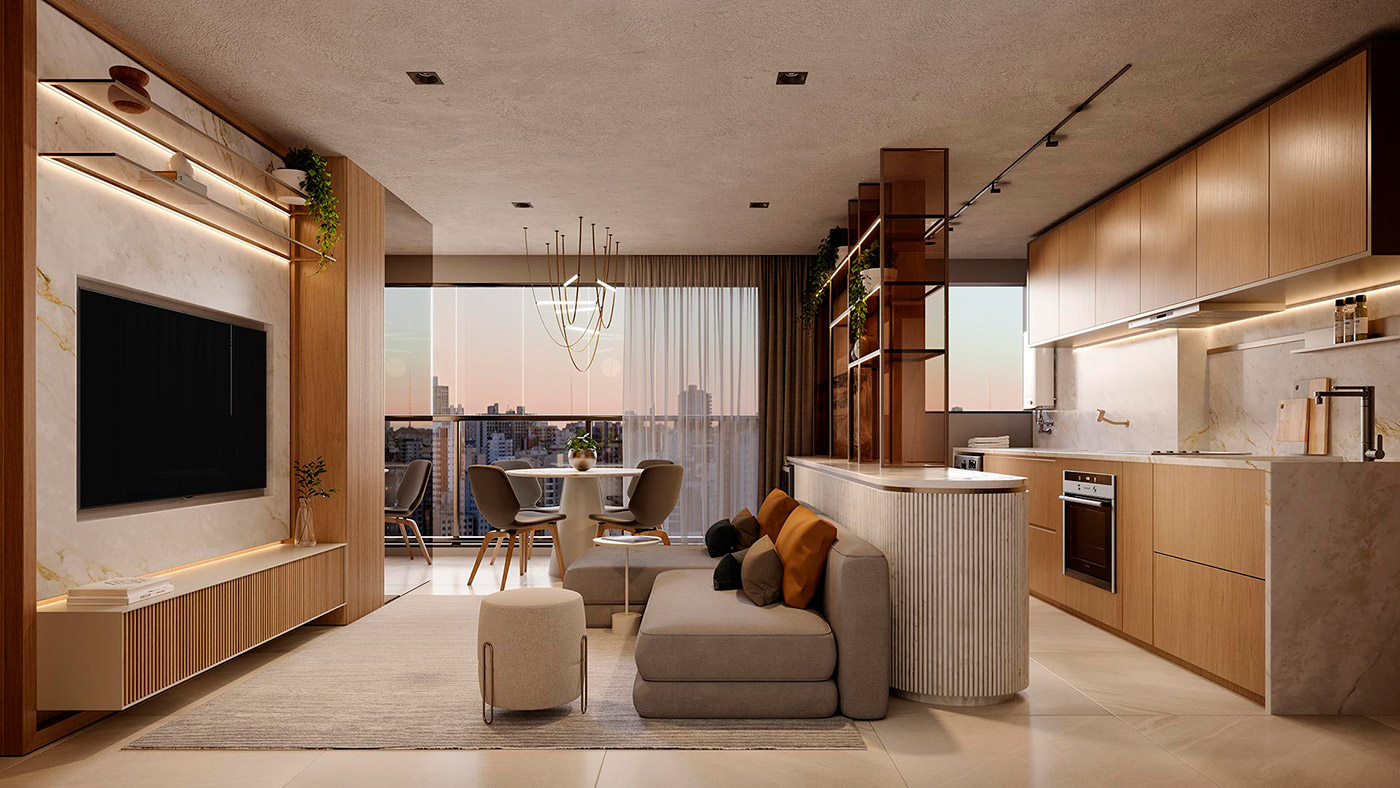 Perspectiva ilustrada do living do apartamento de 70,40 m²