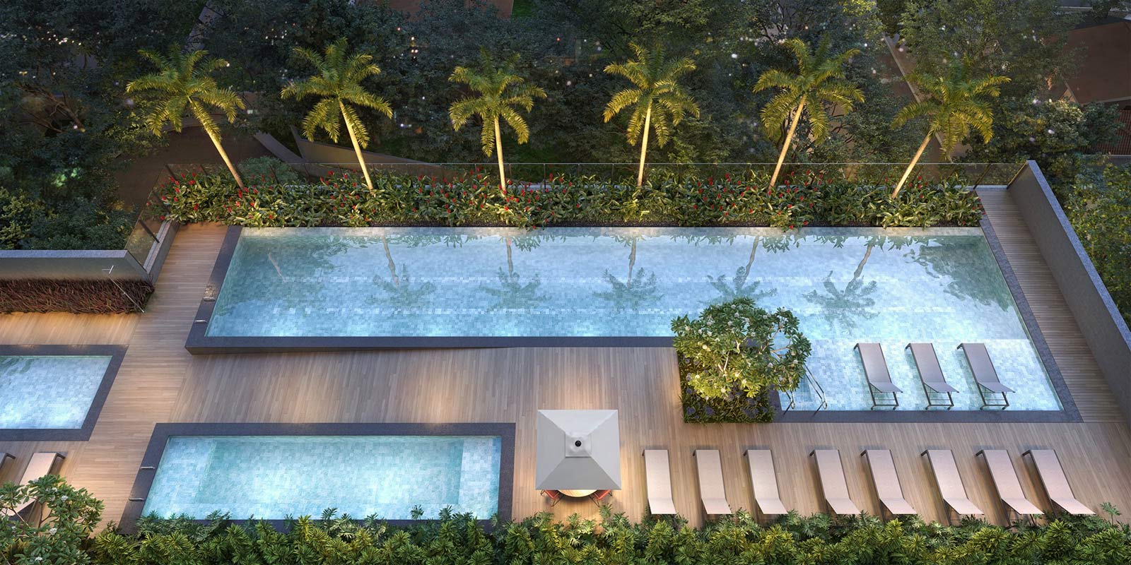 Vista da piscina e deck