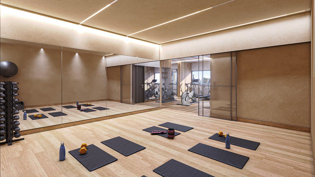 Perspectiva ilustrada do fitness com sala de yoga
