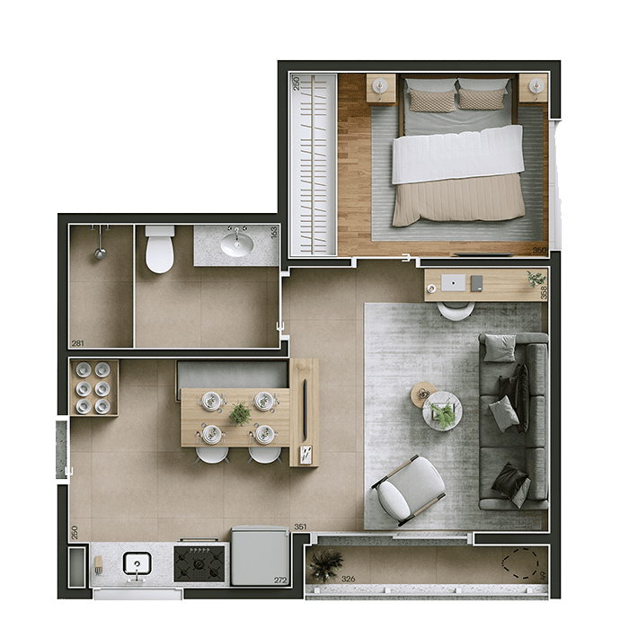 1 DORMITÓRIO DE 44 M²